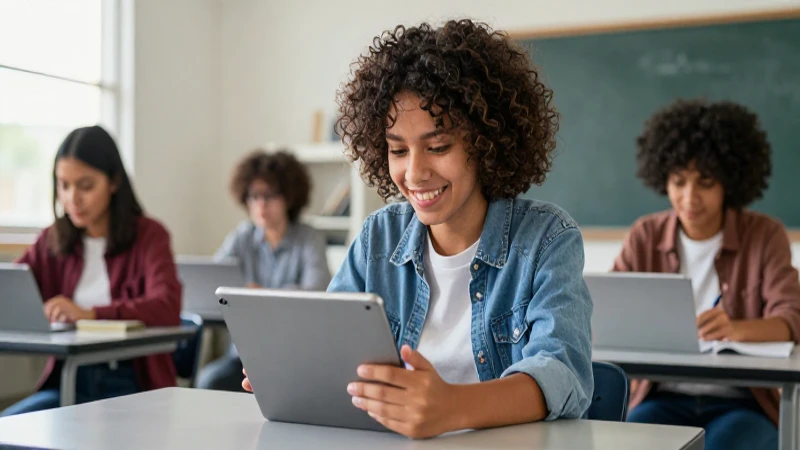 Estudiante alegre usa tablet en aula moderna