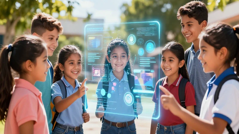 Niños mexicanos interactúan con holograma educativo brillante