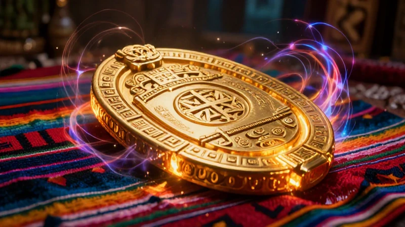 Tablet dorada mística sobre tejido mexicano vibrante