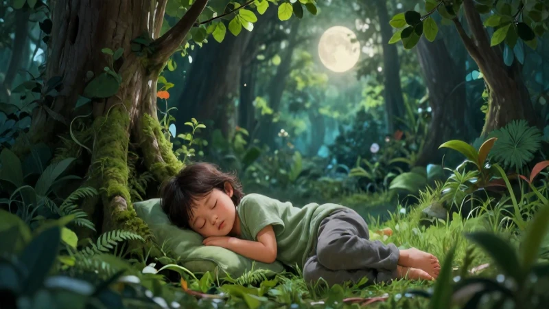 Niño durmiendo bajo luz de luna en naturaleza