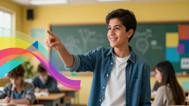 Estudiante feliz en aula moderna y vibrante