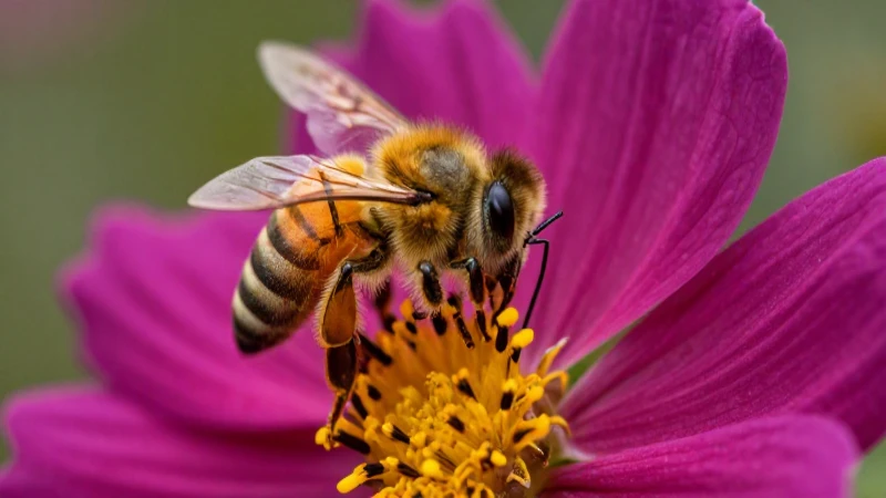 Abeja recolectando polen en flor detallada