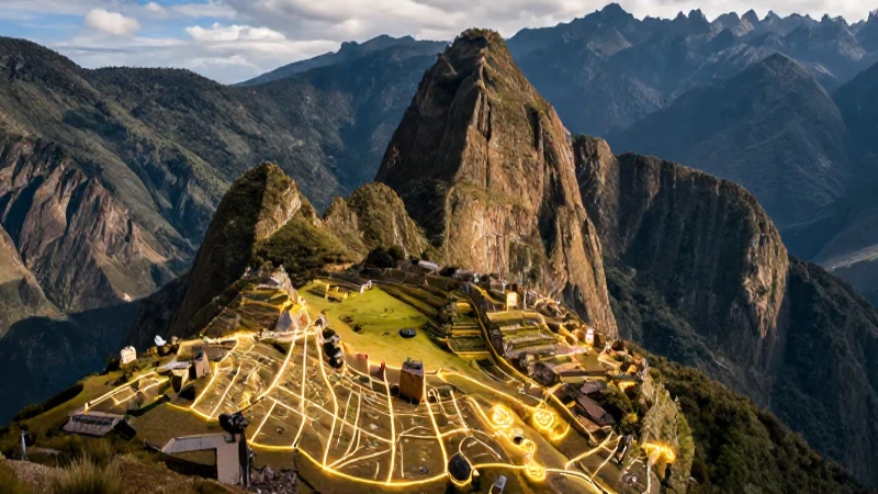 Mapa inca dorado sobre majestuosas montañas