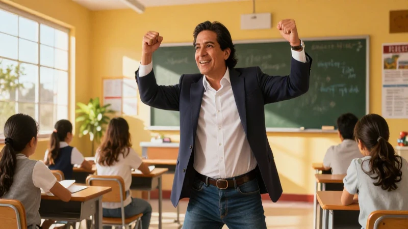 Maestra apasionada en aula moderno, luz cálida