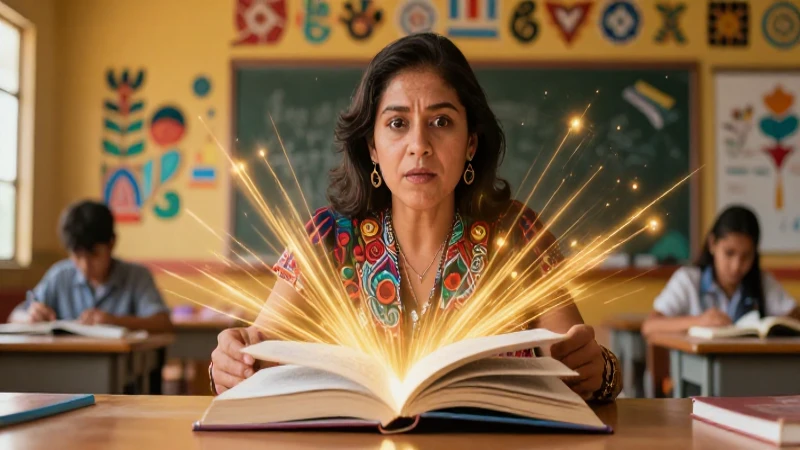 Educadora mexicana apasionada en un aula vibrante