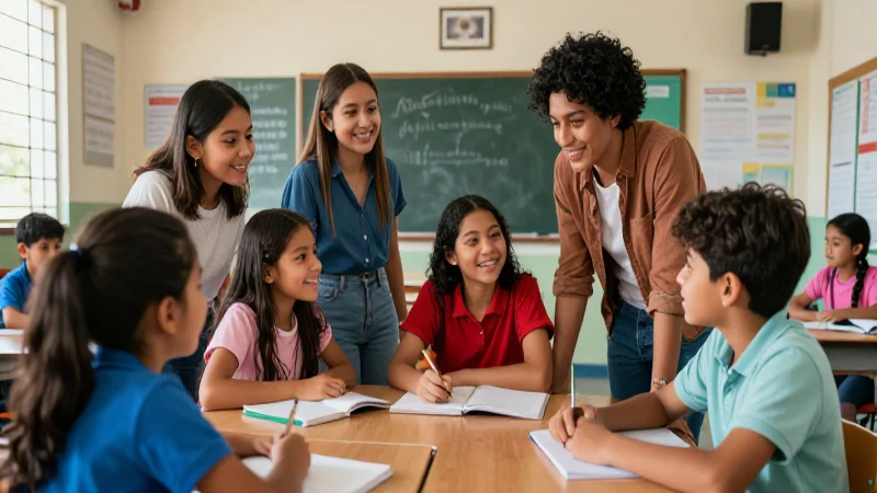 Profesionales de la educación: Inclusión educativa para todos 3 Educadores y alumnos colaborando en aula moderna y vibrante