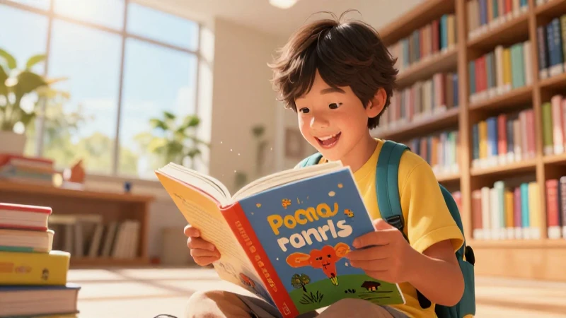 Desarrolla el potencial académico de un niño de 8 años: soluciones efectivas para mejorar su lectura 3 Niño alegre leyendo en biblioteca moderna