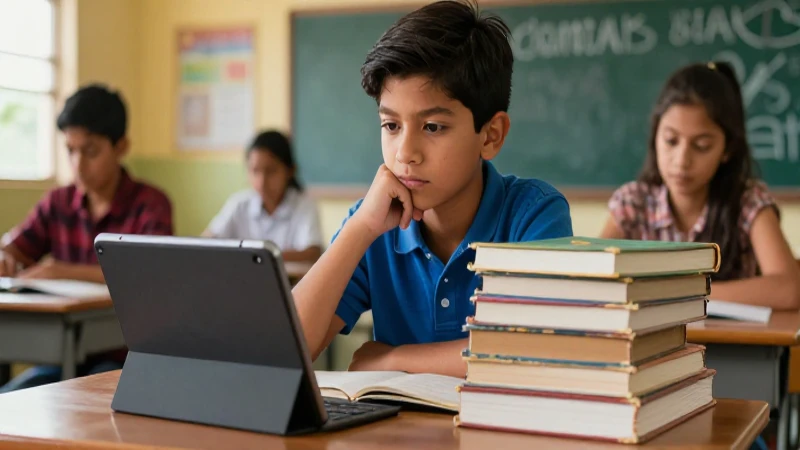 Estudiante reflexivo con libros y tablet en clase