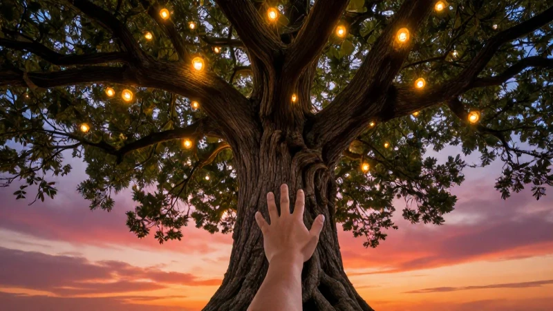 Árbol mágico interactúa bajo un atardecer vívido