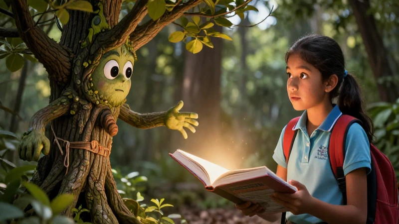 Árbol mágico y estudiante mexicano en escena vibrante