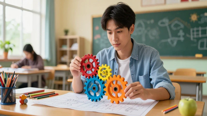 Joven educador con engranajes y planos