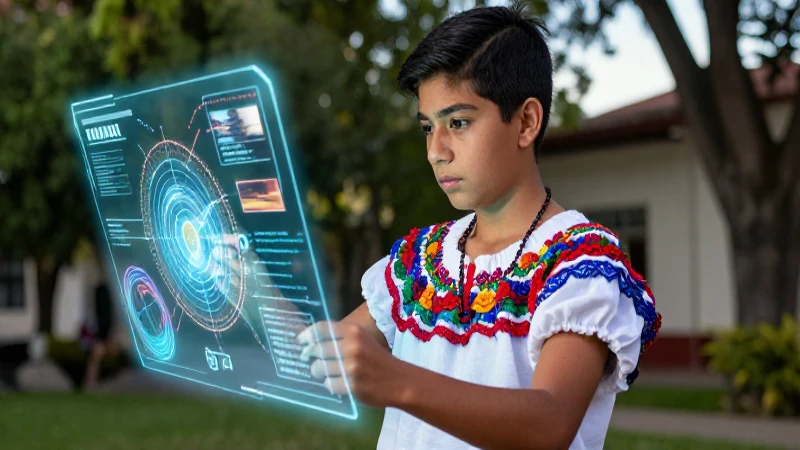 Mexicano estudiando un holograma educativo
