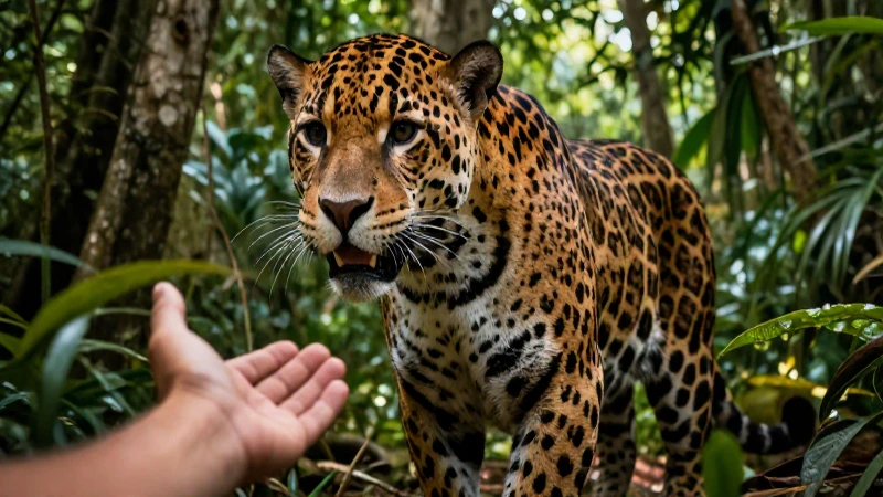 Jaguar amenazado en selva, manos de conservación