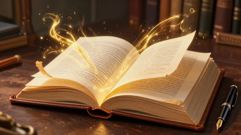 Libro antiguo con pluma dorada y detalle épico