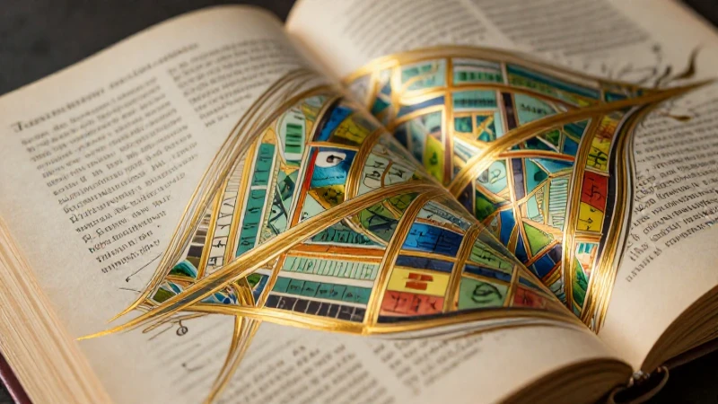 Manuscrito antiguo con líneas doradas y estructuras geométricas