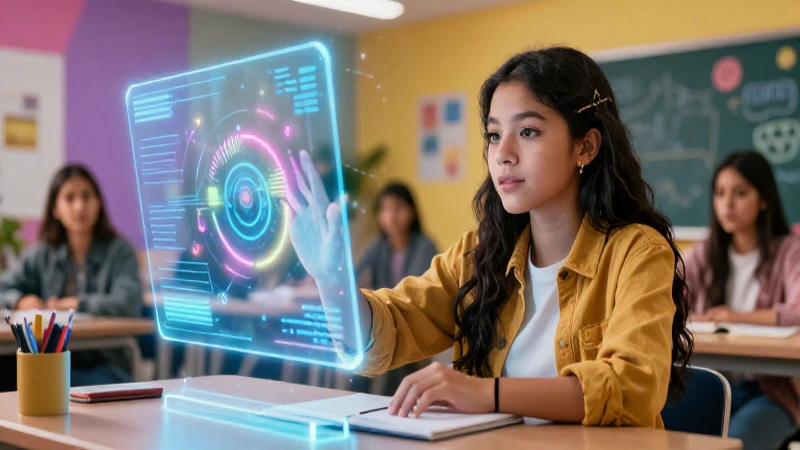 Políticas públicas: Inclusión de tecnología e IA en la educación. Conoce nuestro país 4 Estudiante mexicano interactúa con IA holográfica moderna