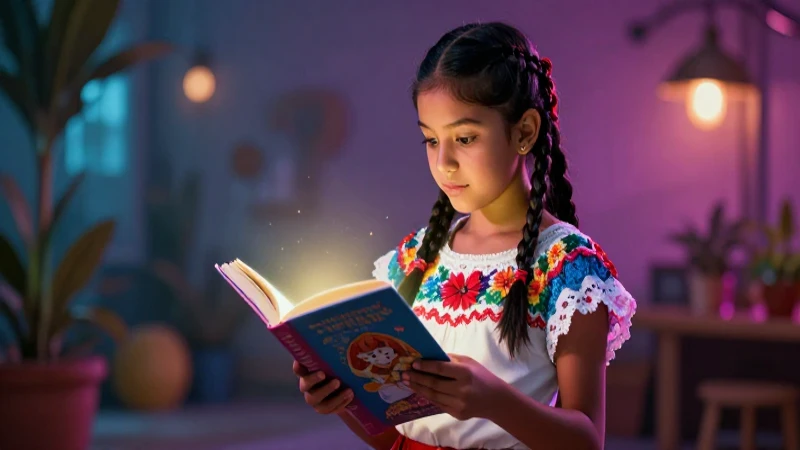 Niña mexicana lee un libro mágico y brillante