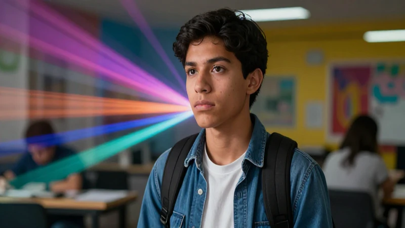 Estudiante mexicano dinámico en entorno académico vibrante