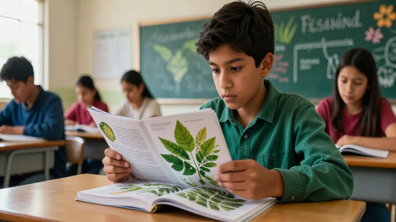 10 consejos para potenciar libros de ciencias/biología de la SEP 5 Estudiante estudia botánica en aula mexicana moderna