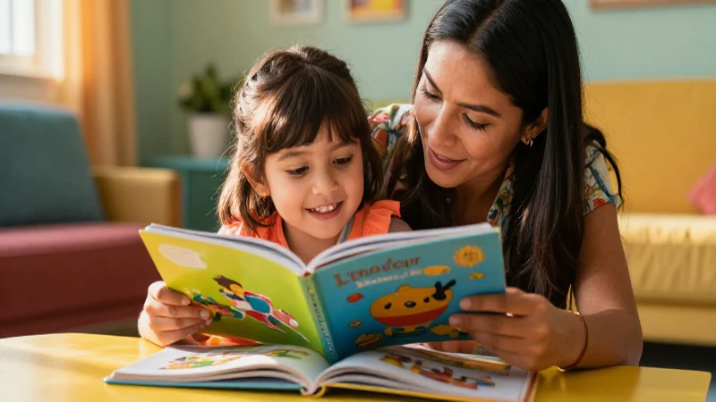 Padres mexicanos y niños aprendiendo en un ambiente colorido