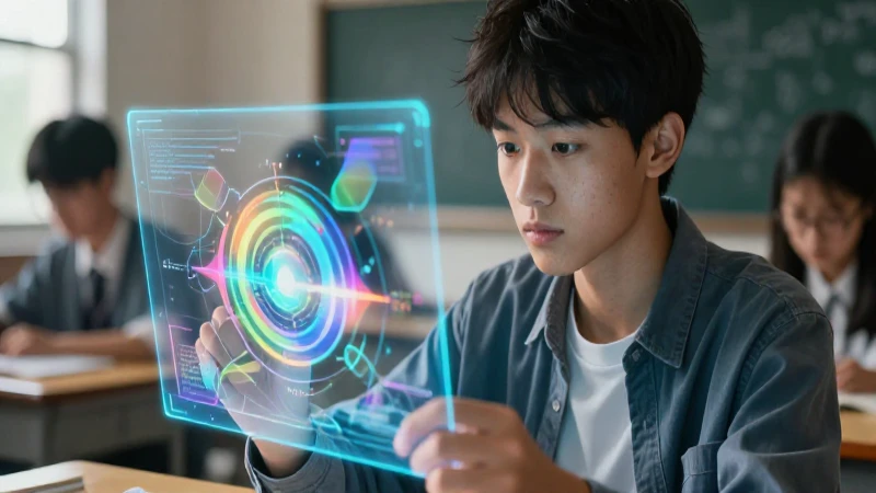 Estudiante de colegio observa esquema holográfico detallado