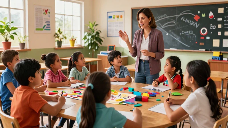 Niños mexicanos y maestra en aula detallada
