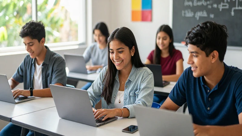 Estudiantes mexicanos felices aprendiendo en aulas modernas