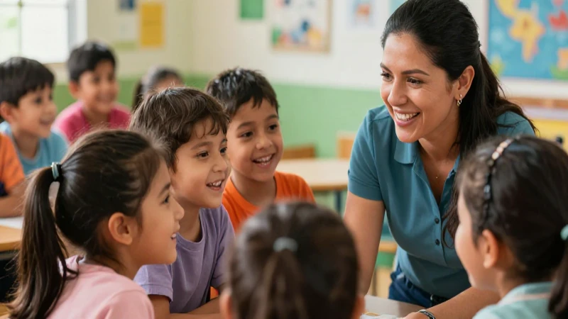 Niños felices aprendiendo con su maestra mexicana
