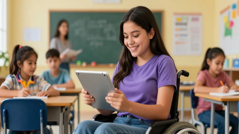 Recursos inclusivos para estudiantes con discapacidad en la escuela mexicana: ¡Conoce cómo apoyar su desarrollo! 3 Estudiante mexicano alegre con tablet en clase