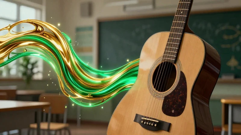 Guitarra y luz dorada en aula moderna
