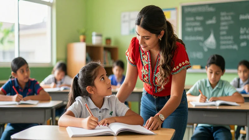 Maestra mexicana guía a estudiante en clase vibrante