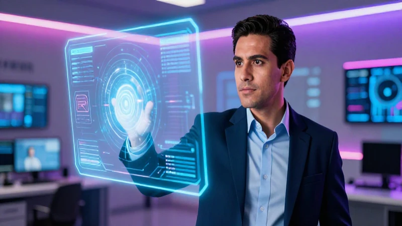 Profesor mexicano moderno ante holograma digital