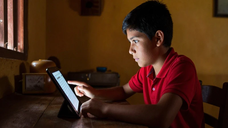 Estudiante mexicano estudia con tablet en humilde casa