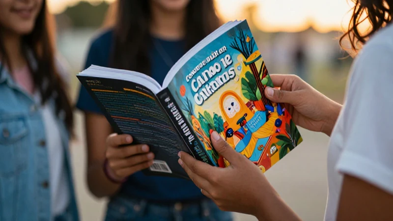 Manos de estudiantes mexicanas sostienen un libro vibrante