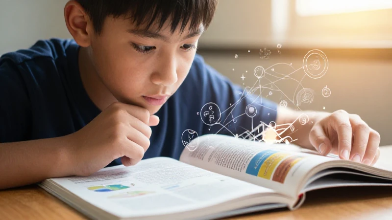 Estudiante pensativo lee entre diagramas analíticos