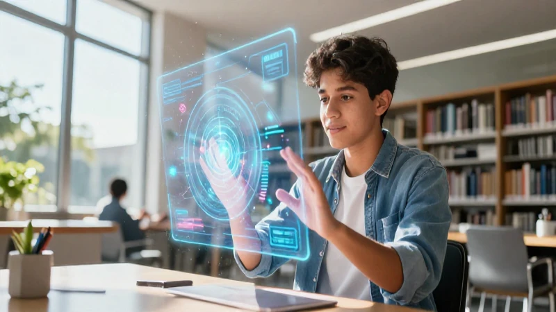 Potencia tu experiencia en la biblioteca: descubre todo lo necesario 3 Estudiante mexicano interactúa con holograma moderno