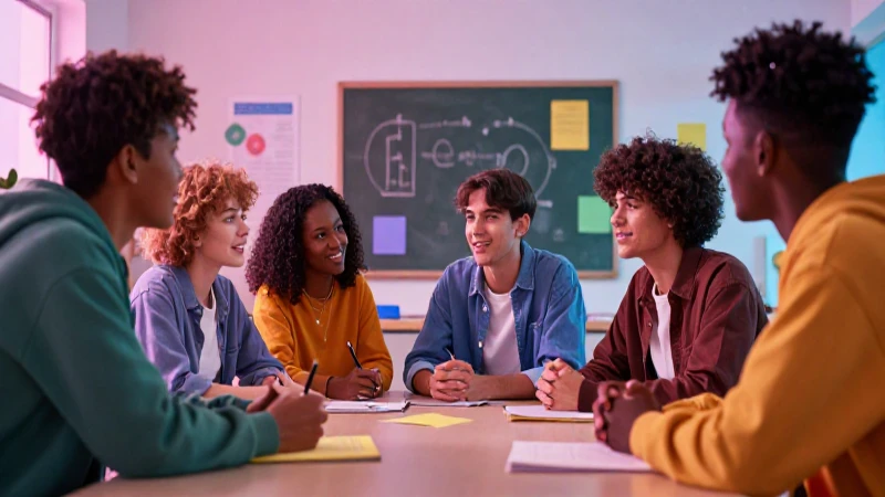 Estudiantes diversos debaten con estilo vibrante