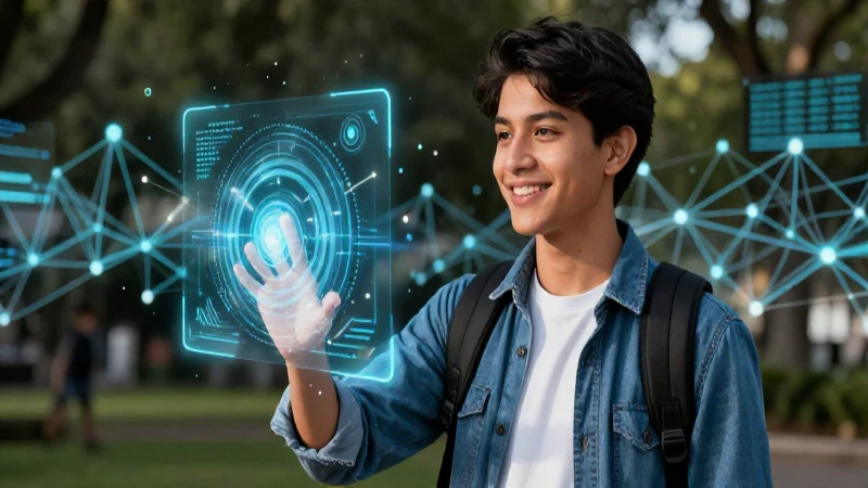 Estudiante mexicano con datos holográficos vibrantes