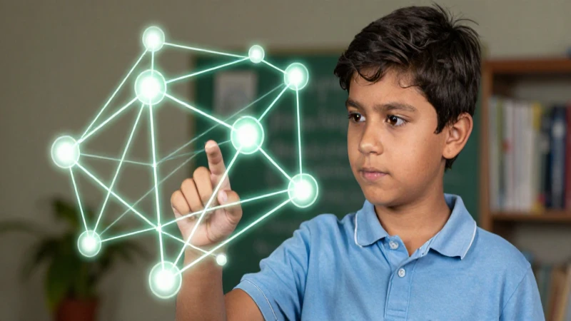 Estudiante enfocado en red geométrica brillante