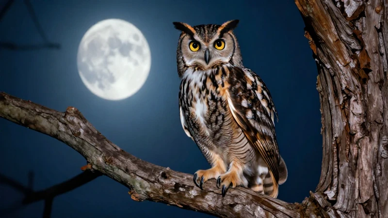 Lechuza majestuosa en rama bajo luna llena