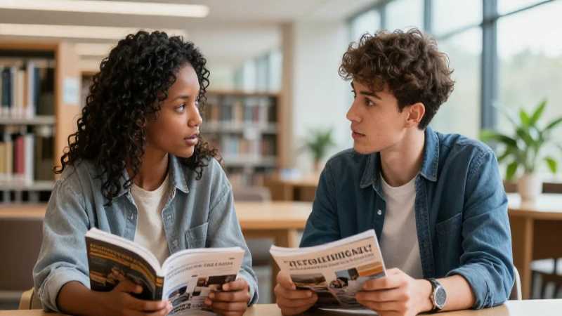 Jóvenes diversos conversan en biblioteca moderna