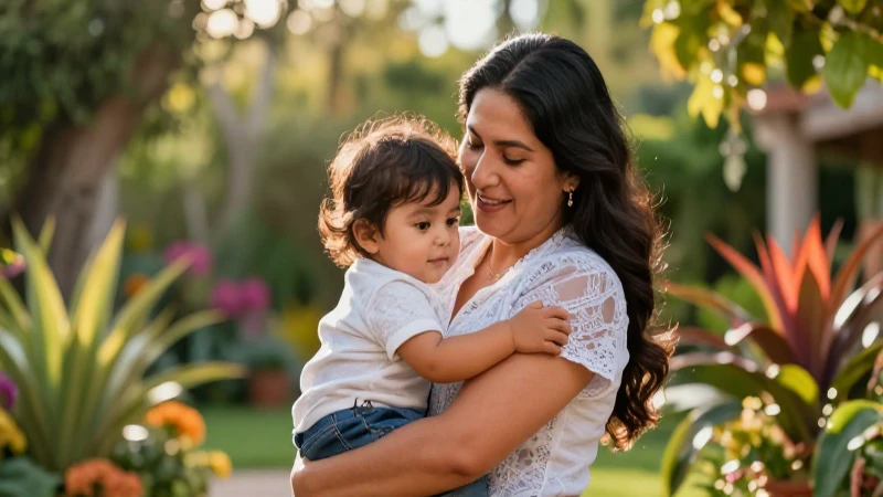 Madre mexicana abrazando a su hijo en jardín
