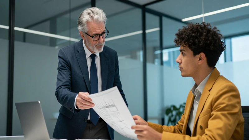 Mentor guía a joven líder en oficina moderna