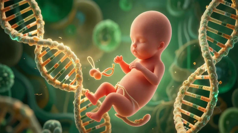 Conoce el significado de los vivíparos: una guía completa 4 Ilustración fetal dinámica con hebras de ADN vibrantes