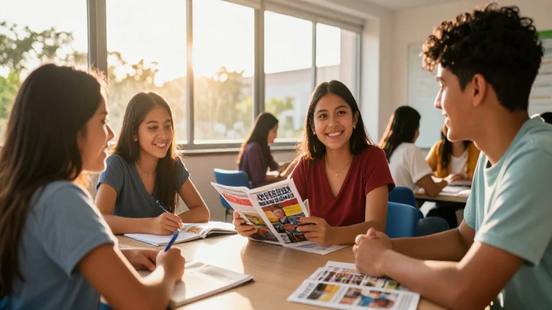 Estudiantes mexicanos aprendiendo felices en luz dorada