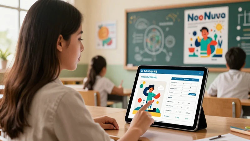 Educador moderno usa tablet en clase vibrante