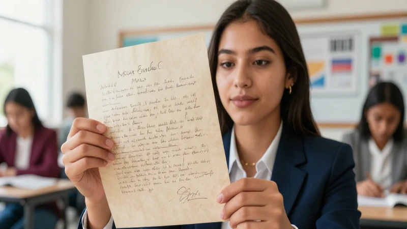 Retrato realista de estudiante mexicano con carta en aula moderna