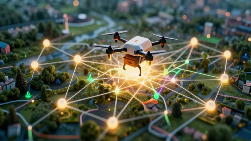 Qué son códigos postales: concepto, origen y utilidad 5 Mapa digital vibrante con drones de entrega modernos