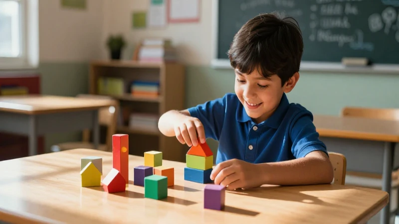 Conoce aquí qué son las decenas y su importancia en matemáticas 5 Estudiante juega bloques en aula educativo moderno