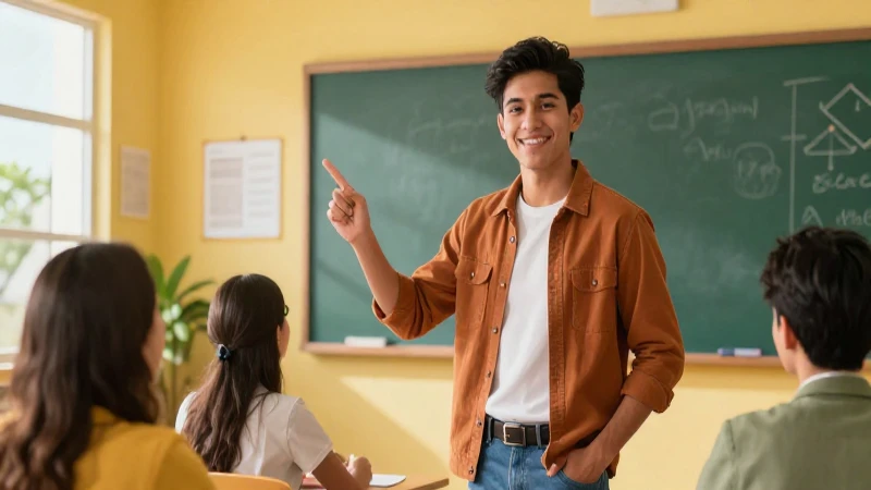 Joven mexicano presenta con confianza en aula moderna